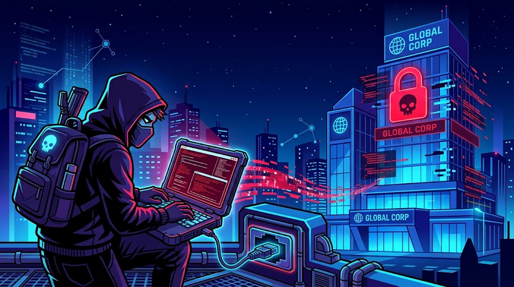 A hooded hacker on a rooftop breaches Global Corp's network from a laptop
